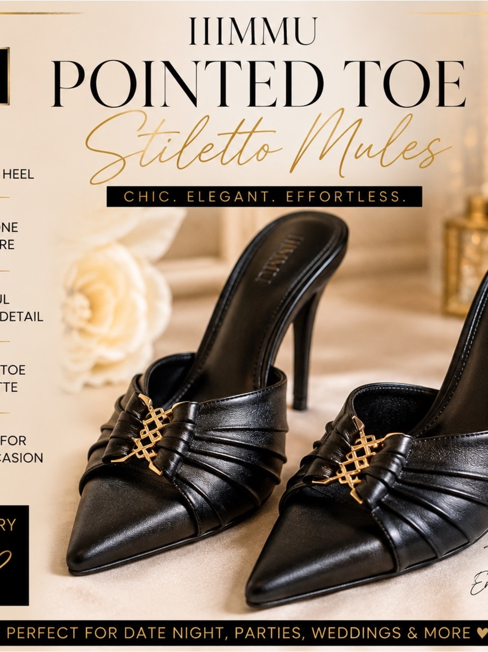 IIIMMU Black Pointed Toe Stiletto Mule Heels Gold Detail Size 7.5 NEW